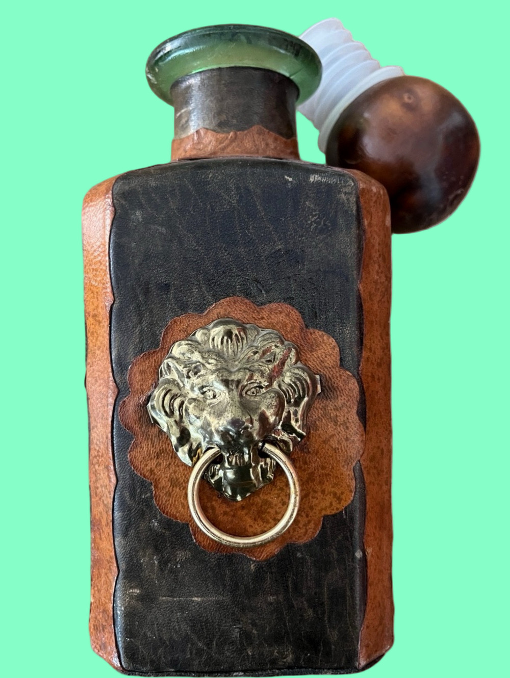 Vintage Leather-Wrapped Decorative Bottle with Lion Head Ring - Made in Italy